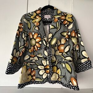 🌼 3 Sisters Floral Cotton Blazer Jacket Polka Dot Trim Size M Boutique 🌼